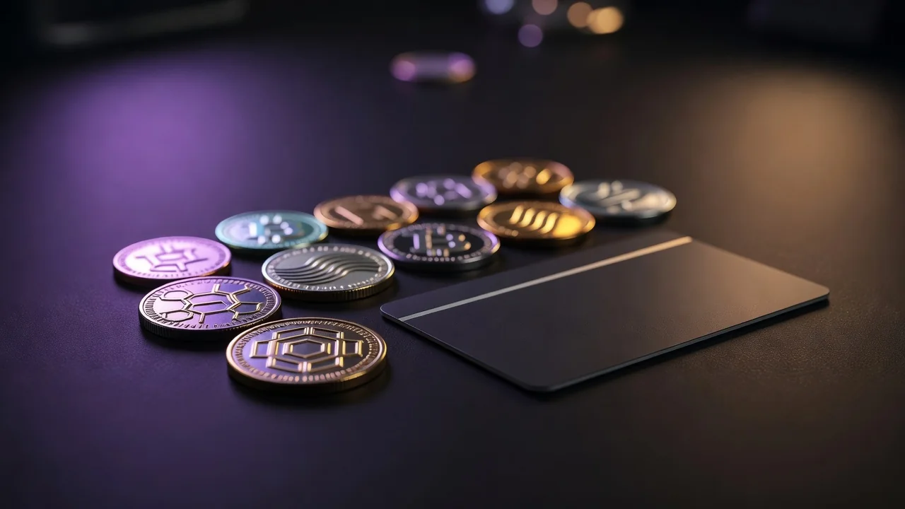 Kriptovaluta érmék és bankkártya egymás mellett, stúdióvilágítás