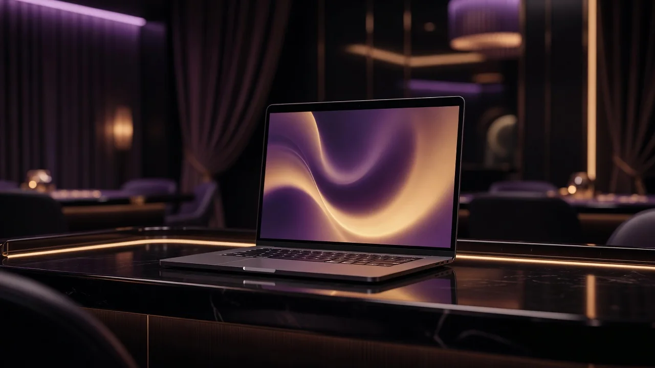 Modern laptop a kaszinó belépési képernyőjével sötét, elegáns környezetben