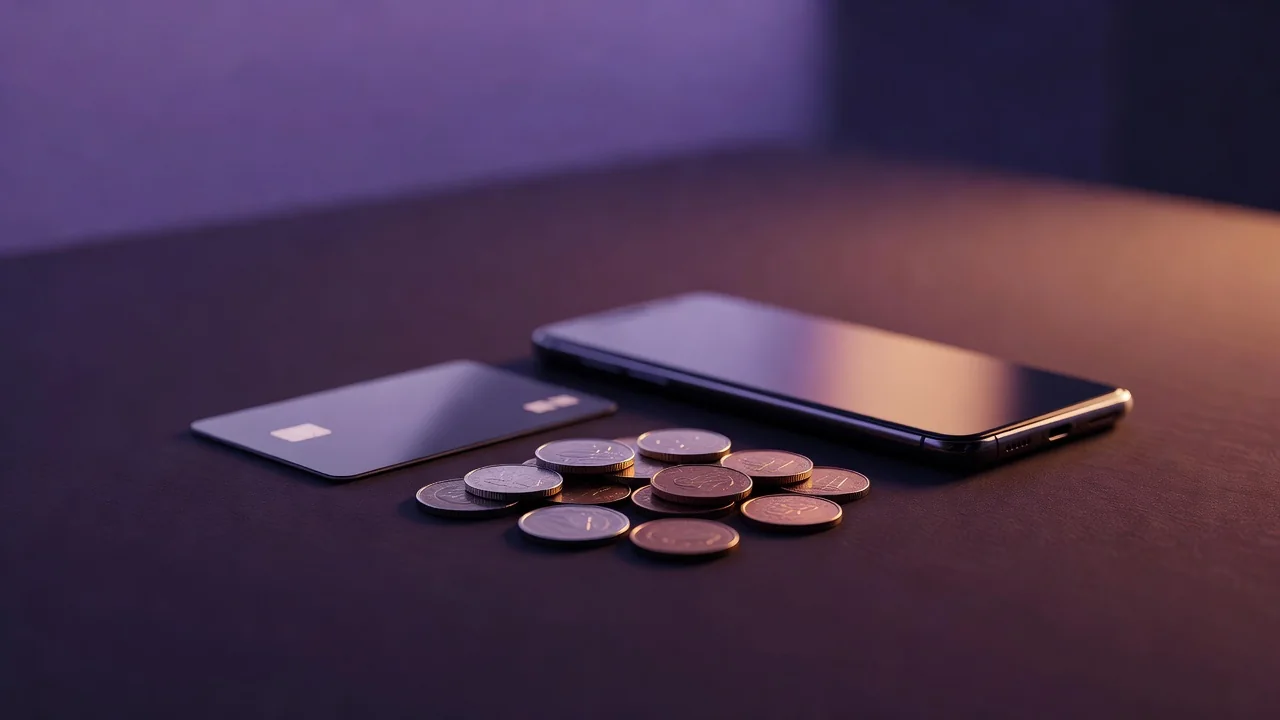 Különböző fizetési eszközök — kártya, telefon, érmék — rendezett kompozíció
