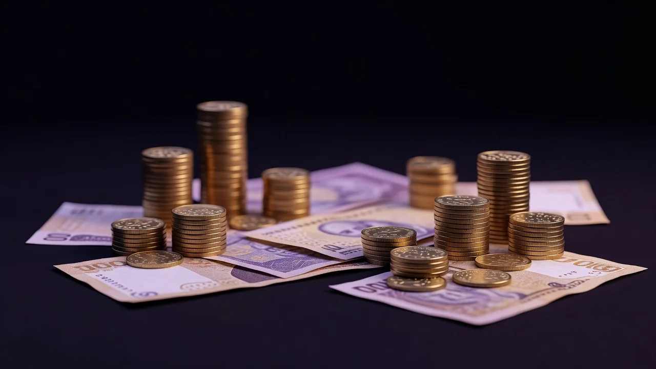 Arany érmék és bankjegyek letisztult kompozíciója sötét háttér előtt
