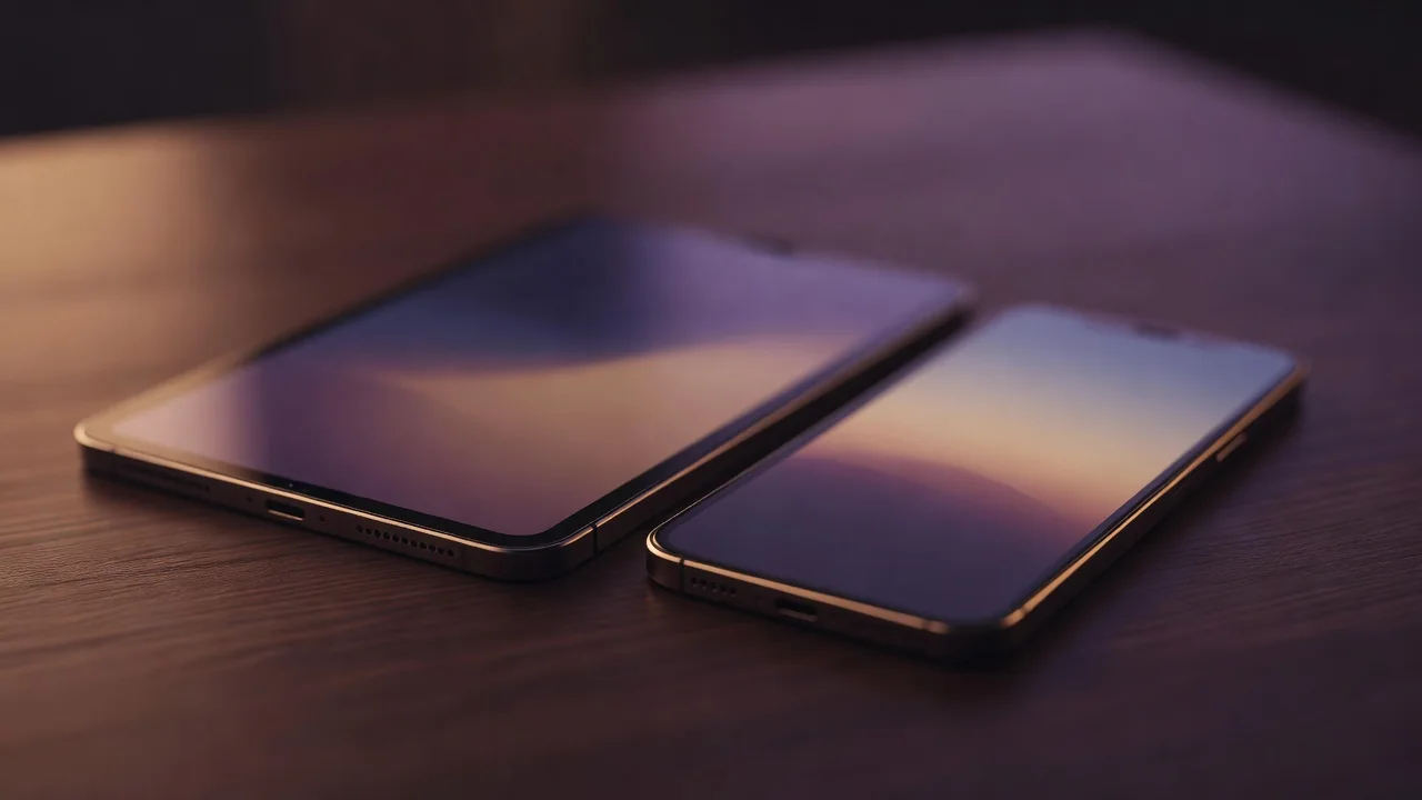 Tablet és okostelefon egymás mellett, meleg hangulatvilágítás