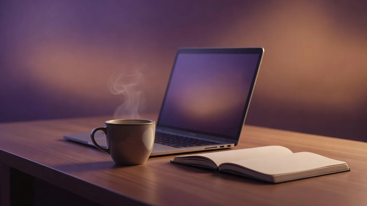 Letisztult asztali jelenet laptopkal, kávéscsészével és jegyzetfüzettel