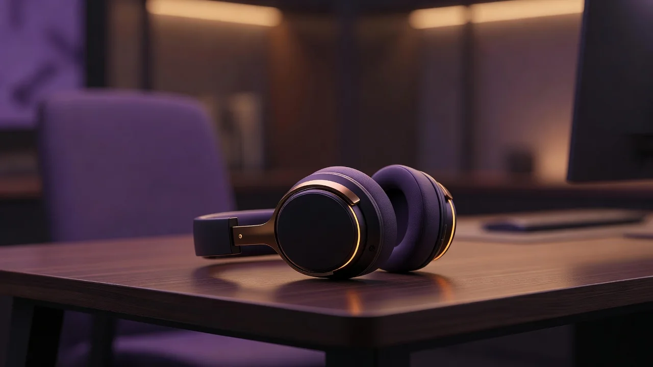 Headset egy modern asztalon, lágy irodai világításban Headset egy modern asztalon, lágy irodai világításban