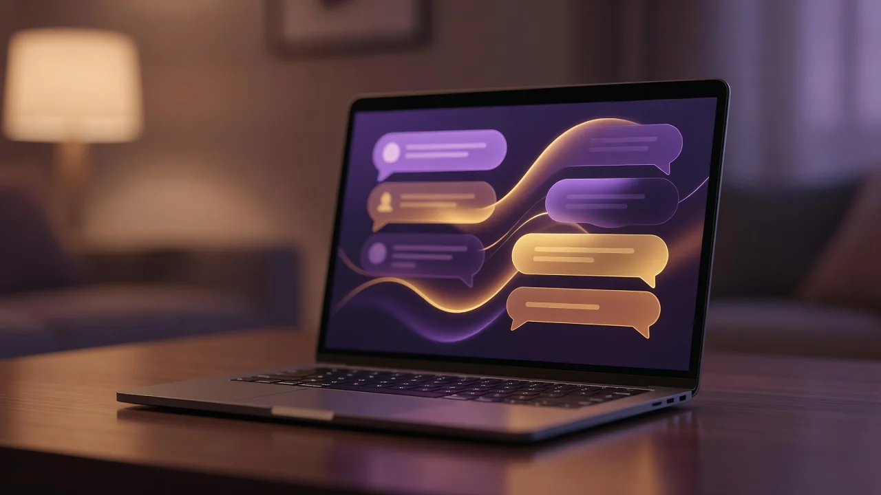 Laptop képernyő absztrakt chat-felülettel, meleg esti fények Laptop képernyő absztrakt chat-felülettel, meleg esti fények